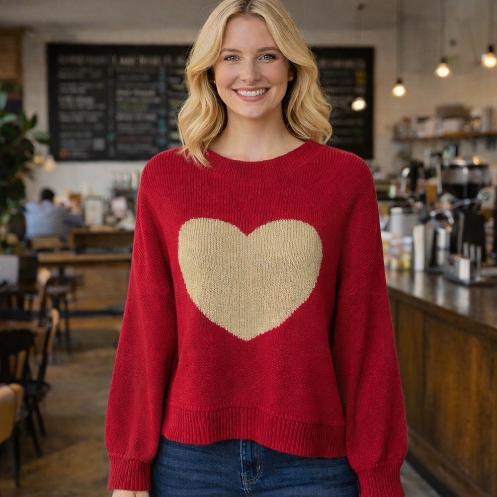 NEW Blu Pepper Red Tan Heart‎ Knit Sweater Valentine's Novelty Feminine M